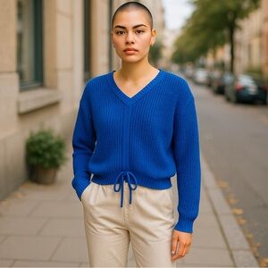 Sincerely Jules, Blue V-Neck Knit crop Sweater with drawstring scrunch detail